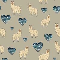 seamless vector pattern with llamas and hearts on a gray background