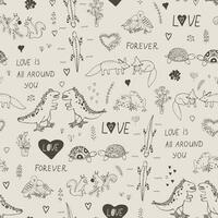 Valentine's day love doodle objects and dinosaurs seamless pattern. vector