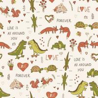 Valentine's day love doodle objects and dinosaurs seamless pattern. vector