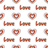 Seamless pattern with red and pink heart and text love. Valentine day background. Y2k. Groovy style. Vector flat illustration.