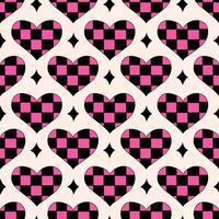 Seamless Pattern with Hearts in chessboard and stars in emo style. Y2k. Black and pink. Vector flat illustration.