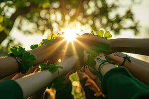 AI generated people circle hand united hold Green shamrock in St. Patrick 's Day . AI generated photo