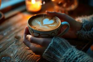 AI generated Female hands holding a cup of coffee with foam on blue background. Hot coffee with a heart. ai generative photo