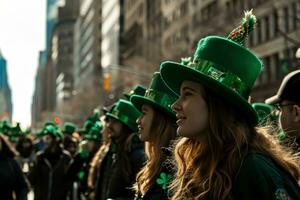 ai generado mujer en contento Santo patrick's día desfile .generativo ai foto