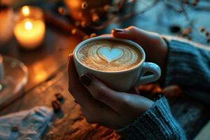 AI generated Female hands holding a cup of coffee with foam on blue background. Hot coffee with a heart. ai generative photo