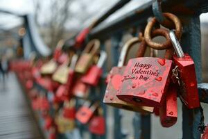 AI generated Padlock in shape of a heart on a fence among many other padlocks. Valentines Day, love and relationship concept. Generative Ai photo