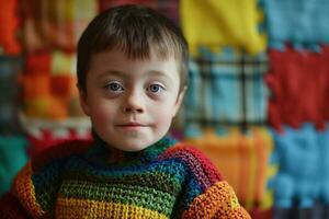 ai generado retrato de un linda contento niño con abajo síndrome sonriente. hermosa humano, generado ai foto