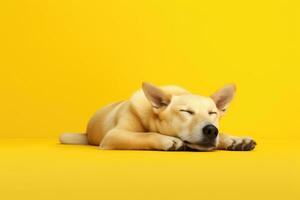 ai generado un perro dormir en suave pastel amarillo antecedentes. ai generativo foto