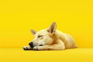 ai generado un perro dormir en suave pastel amarillo antecedentes. ai generativo foto