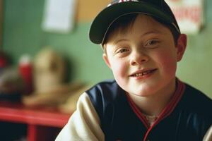 ai generado retrato de un linda contento niño con abajo síndrome sonriente. hermosa humano, generado ai foto