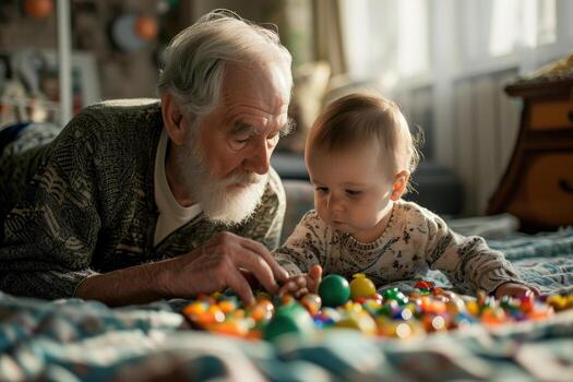 ai generado abuelo y parentesco divertido con un juguete , en vivo habitación. generativo ai foto