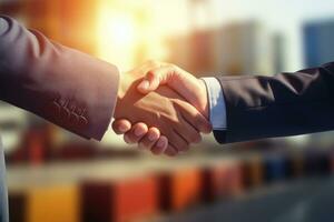 AI generated businessman handshake of business deal with logistic. Generative AI. photo