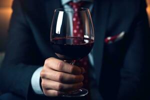 AI generated business man hands holding a red wine glass .generative ai photo