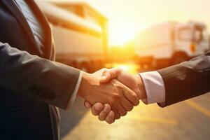 AI generated businessman handshake of business deal with logistic. Generative AI. photo