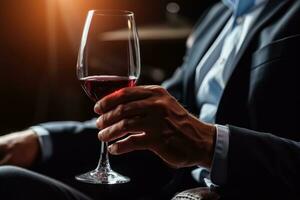 AI generated business man hands holding a red wine glass .generative ai photo