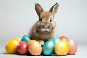 AI generated bunny surrounded by colorful Easter eggs. white background. Generative AI photo