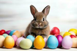 AI generated bunny surrounded by colorful Easter eggs. white background. Generative AI photo