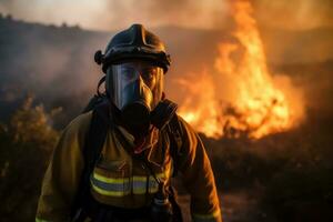 ai generado bombero con fuego manguera para luchando fuego vistiendo fuego protector suite . generativo ai foto