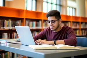 AI generated Young student person studying with laptop and book in the school library, learning online. generative ai photo