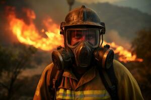 ai generado bombero con fuego manguera para luchando fuego vistiendo fuego protector suite . generativo ai foto