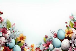 AI generated bunny surrounded by colorful Easter eggs white white space background . Generative AI photo