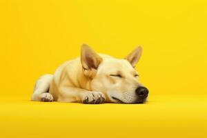 ai generado un perro dormir en suave pastel amarillo antecedentes. ai generativo foto