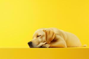 ai generado un perro dormir en suave pastel amarillo antecedentes. ai generativo foto