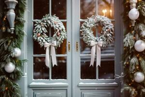 ai generado Navidad coronas en el frente puertas de el casa foto