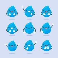 Cute water drop cartoon characters in various poses Providing knowledge to reduce water use vector