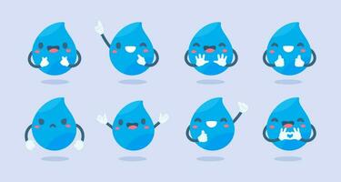 Cute water drop cartoon characters in various poses Providing knowledge to reduce water use vector