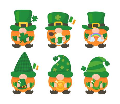 Gnomes with long orange beards carry good luck charms. St. Patrick's Festival elements