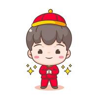 Cute boy celebrate Chinese new year cartoon illustration. Hand drawn chibi character. Holiday concept design. Isolated white background vector