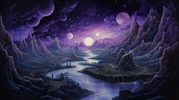 AI generated Imaginary images of landscapes on other planets at night. Drawn with colored pencils and based on purple tones. photo