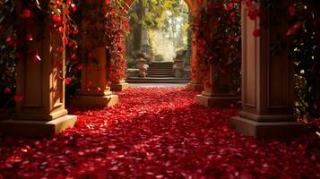 AI generated Beautiful red rose petals fall on the path in the park. photo