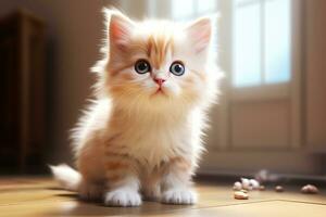 AI generated Cute little kitten with blue eyes sitting on floor at home. photo