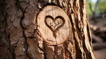 AI generated Wooden heart on a tree in the forest. The concept of love. photo