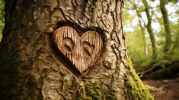 AI generated Wooden heart on a tree in the forest. Love concept. photo