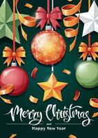 Christmas card template design. Flyer, poster with Christmas tree toys, confetti. Merry Christmas and Happy New Year. vector