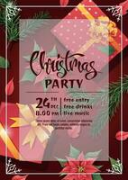 Christmas party invitation template design. Flyer, poster with gift box, fir branch and poinsettia. Merry Christmas and Happy New Year vector