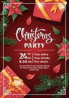 Christmas party invitation template design. Flyer, poster with gift box, fir branch and poinsettia. Merry Christmas and Happy New Year vector