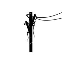 Silhouette of a damaged electricity pole with broken wires. The causes of power outages are very dangerous. Vector illustration.