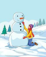 Cute boy making snowman vector illustration