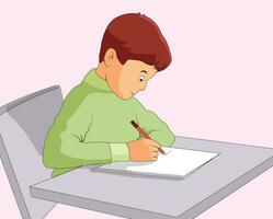 Cute boy sitting and writing on a notebook with a pen vector