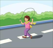 Cute little girl skipping rope on the road vector