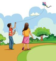 Boy and girl flying kite vector