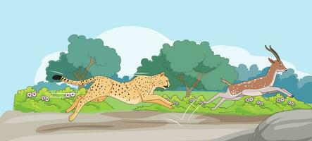 leopardo persiguiendo un ciervo en selva vector