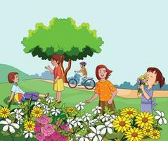 Cute children enjoying in the spring season q vector