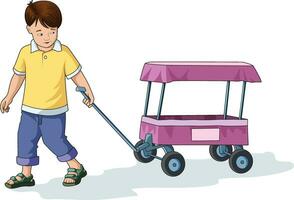 Cute boy dragging a trolley with his hands vector