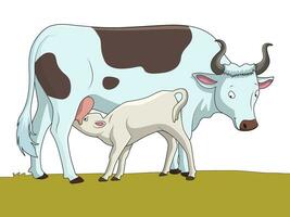 Cute calf and cow illustration vector