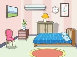 Bedroom illustration showing bed, air conditioner, chair, table lamp, clock, painting, rug and flower pot vector